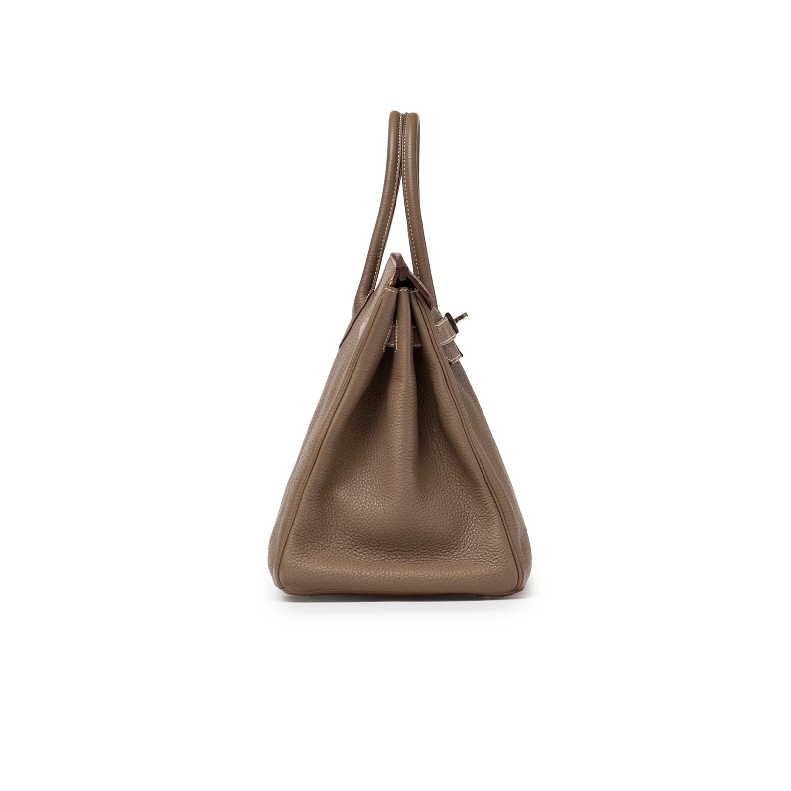 Side view of Hermès Birkin 35 Etoupe Togo Palladium Hardware showing textured leather and structured profile