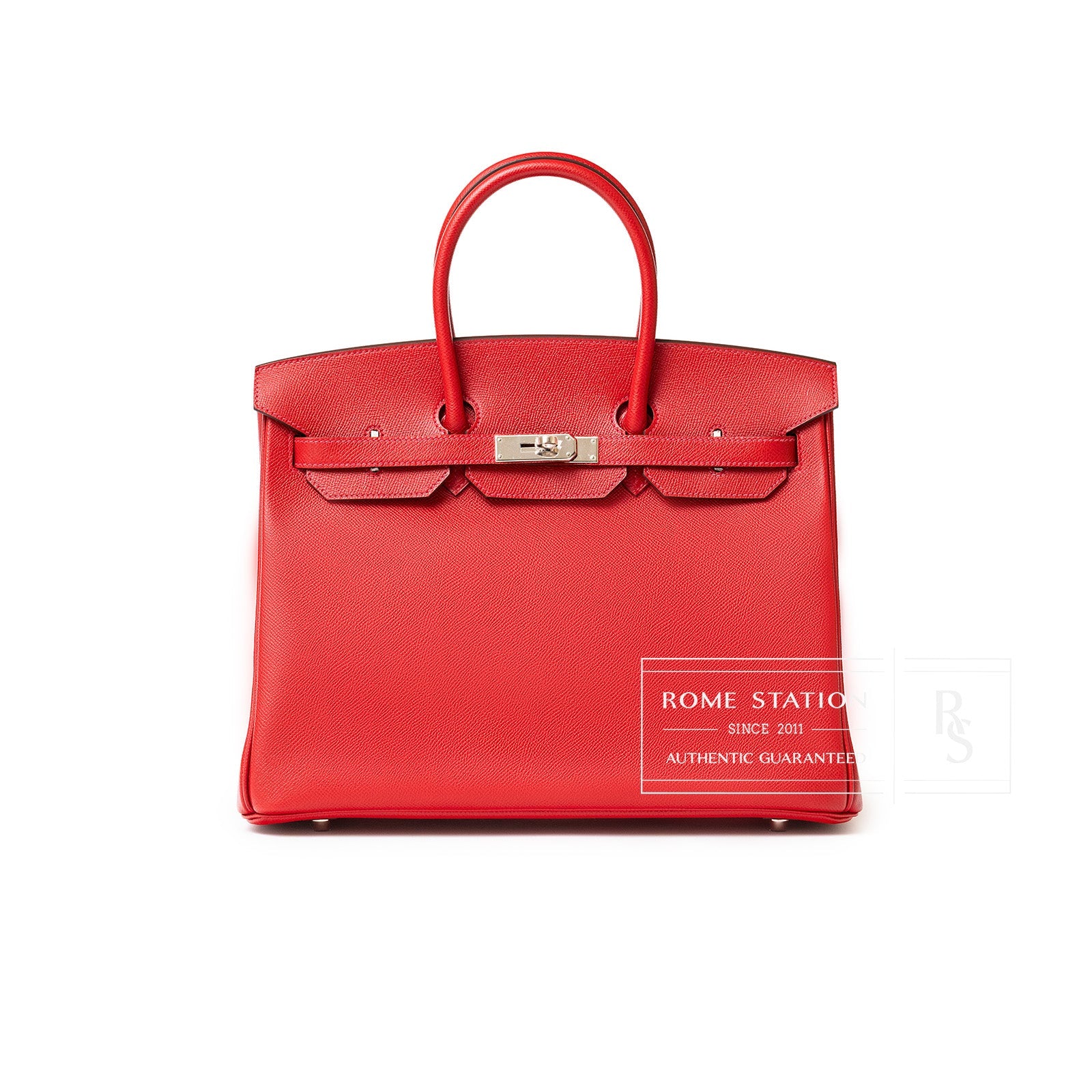 Front view of Hermès Birkin 35 Rouge Casaque Epsom leather handbag with palladium hardware