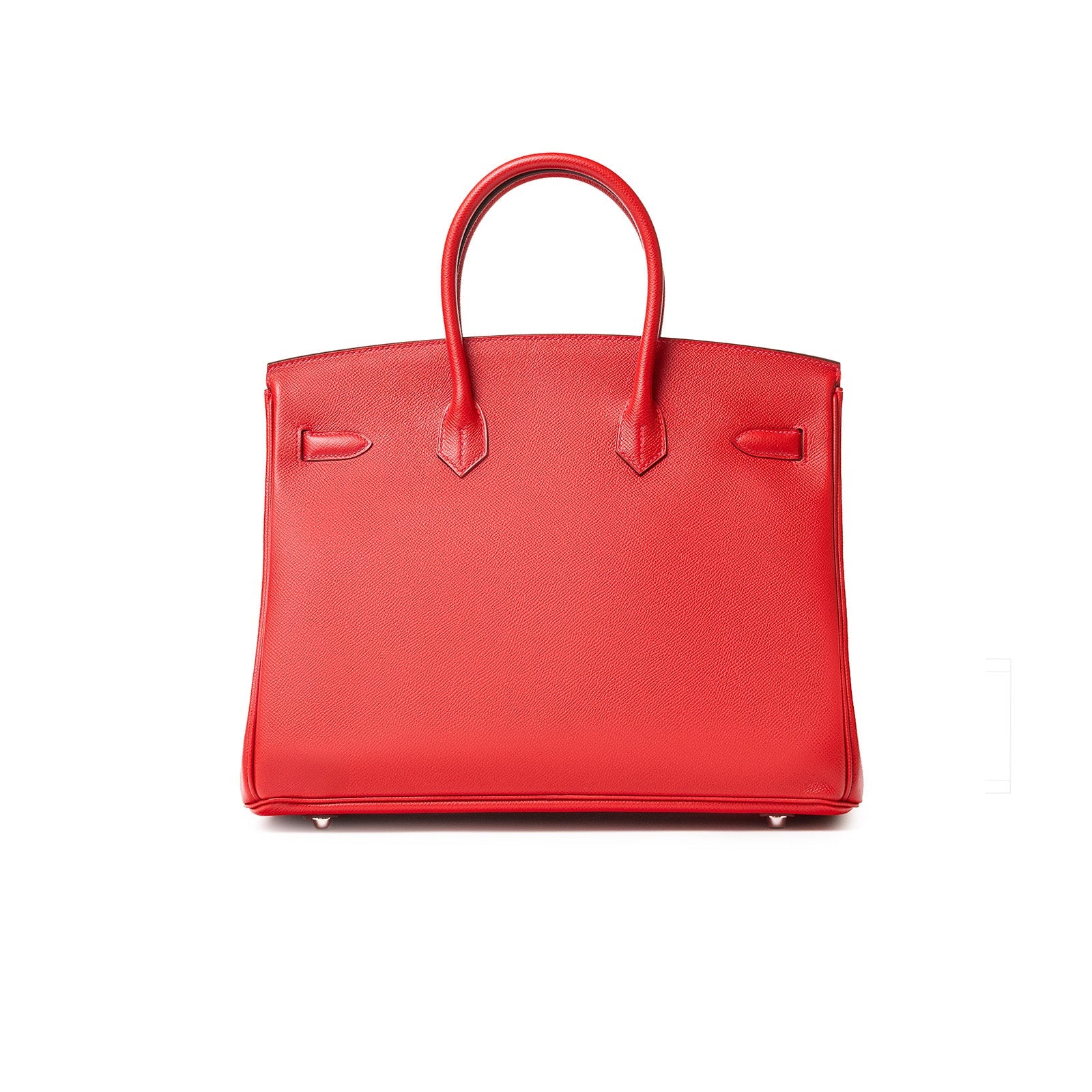 Back view of Hermès Birkin 35 Rouge Casaque Epsom leather with palladium hardware and double handles.