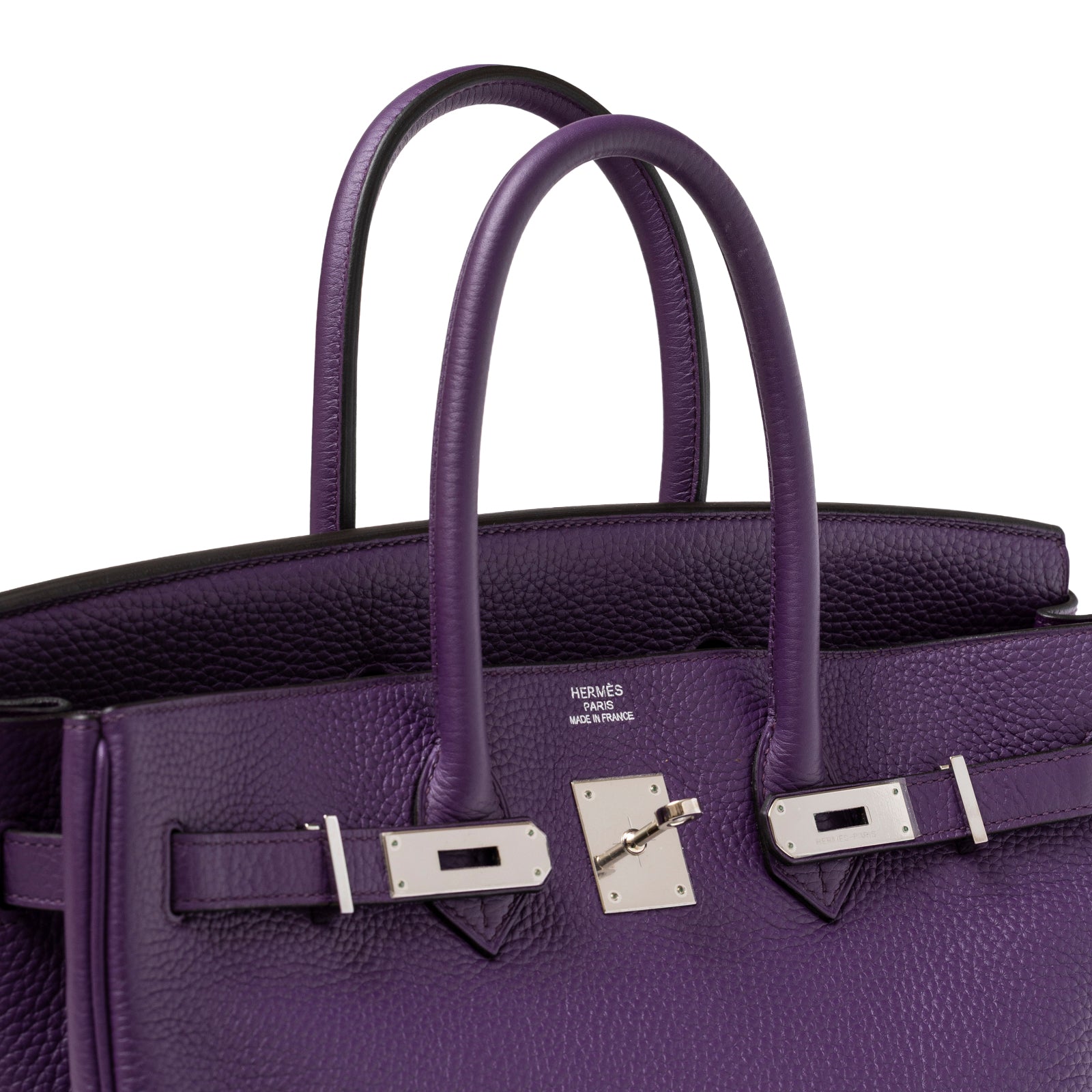 Close-up of Hermès Birkin 35 Violet Togo Palladium Hardware showing textured leather and silver clasp detail