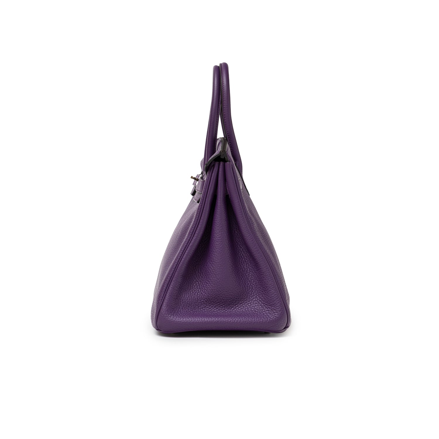 Side view of Hermès Birkin 35 Violet Togo Palladium Hardware showing pebbled texture and structured silhouette