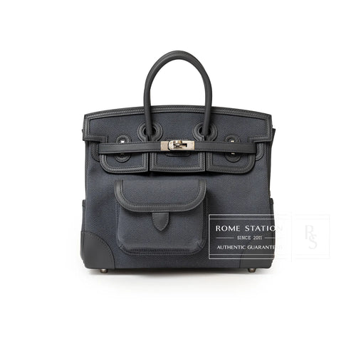 Front view of Hermès Birkin Cargo 25 in dark gray canvas with leather trim and palladium hardware clasp detail