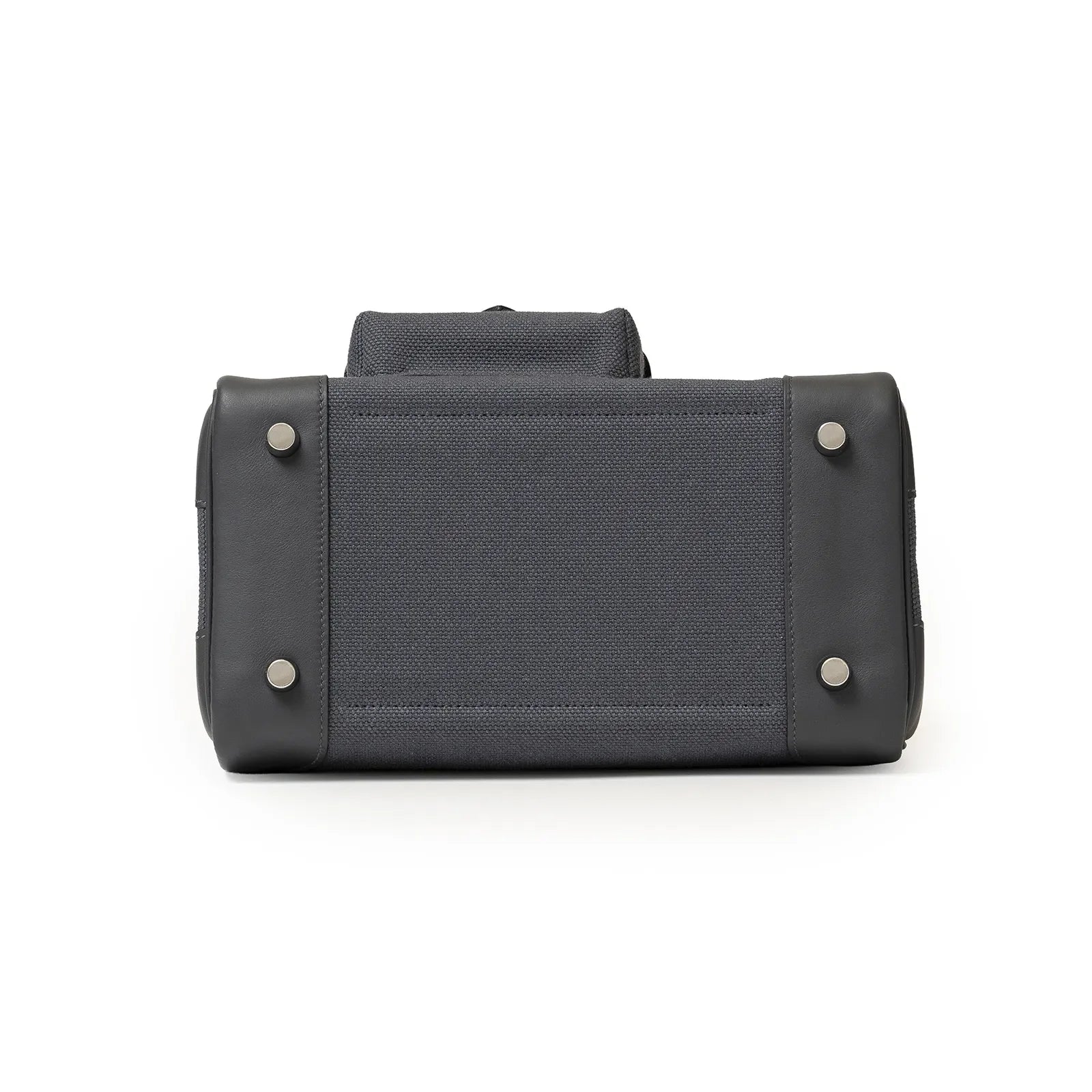 Bottom view of Hermès Birkin Cargo 25 in grey canvas with Swift leather trim and palladium feet hardware