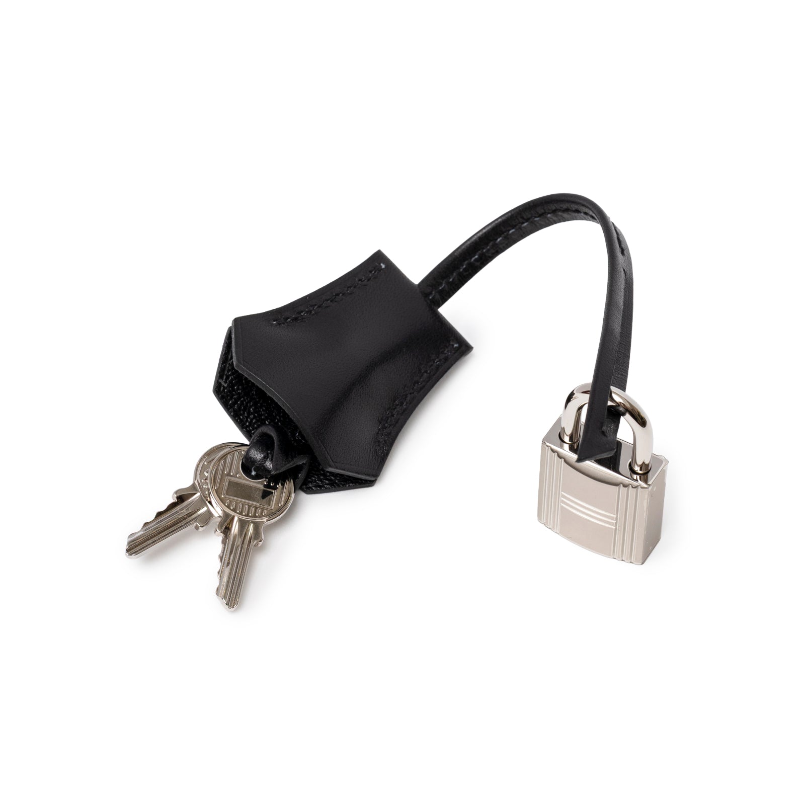 Clochette with keys and silver padlock attached to black leather strap for Hermès Birkin Sellier 25 Black Box Palladium Hardware