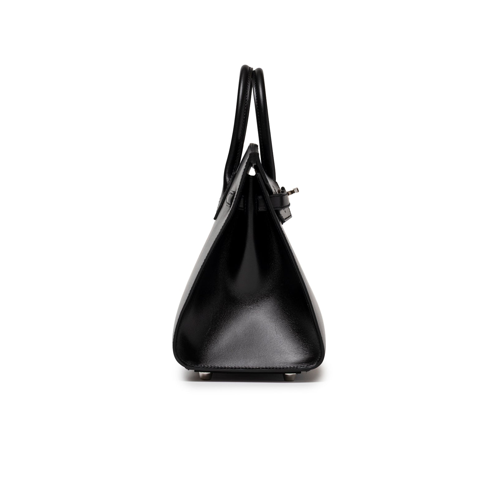 Side profile of Hermès Birkin Sellier 25 Black Box Palladium Hardware showing smooth leather and structured shape