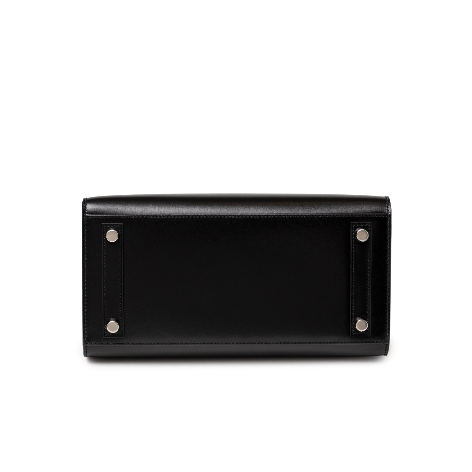 Bottom view showing smooth black leather and palladium hardware feet on Hermès Birkin Sellier 25 Black Box Palladium Hardware