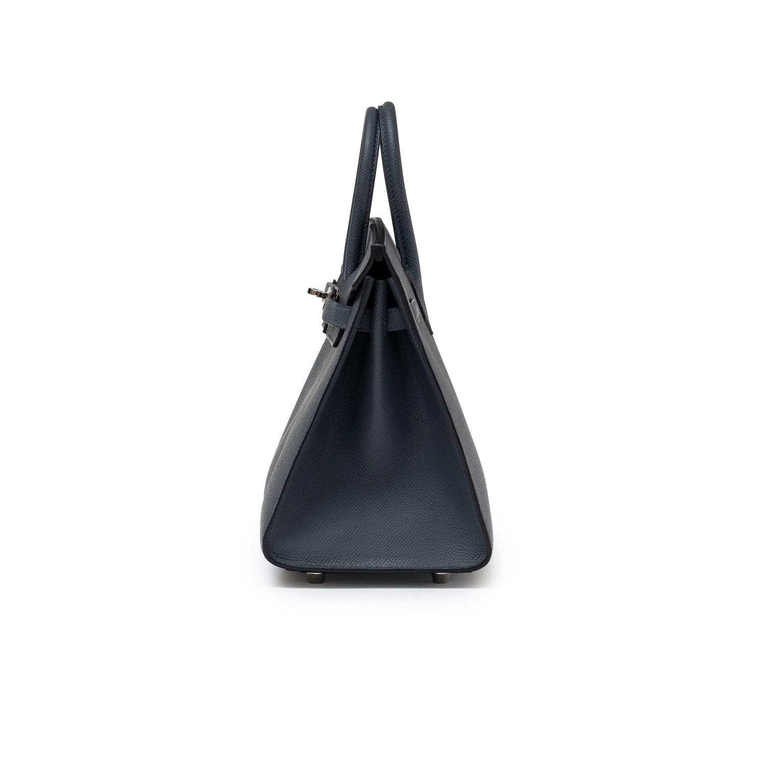 Side profile of Hermès Birkin Sellier 25 Gris Misty Epsom Palladium Hardware showing structured silhouette