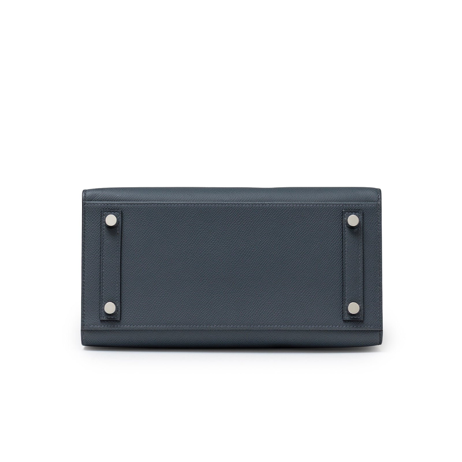 Bottom view of Hermès Birkin Sellier 25 Gris Misty Epsom Palladium Hardware showing leather texture and metal studs