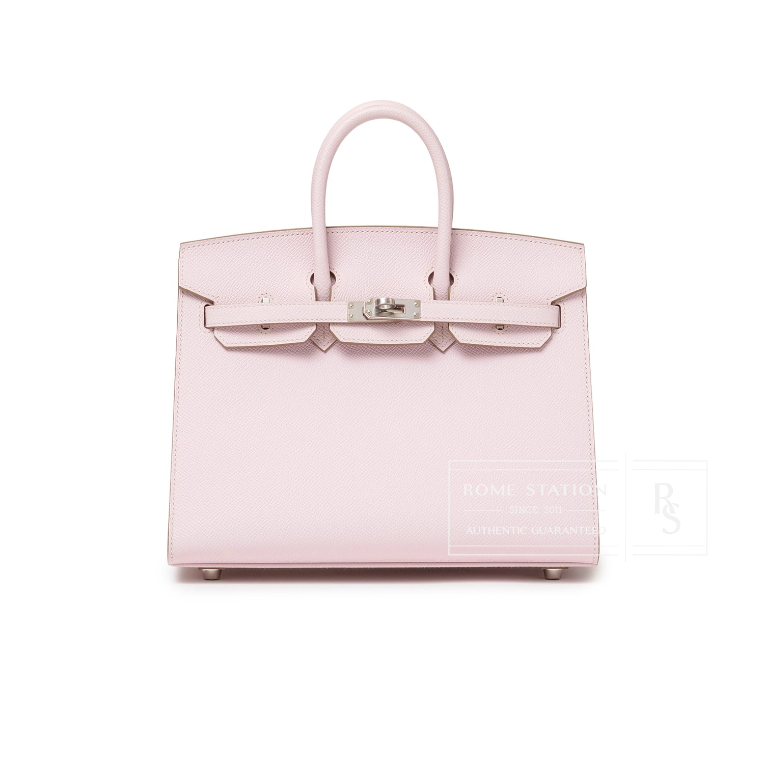 Front view of Hermès Birkin Sellier 25 Mauve Pale Epsom Palladium Hardware showing smooth leather and palladium clasp detail