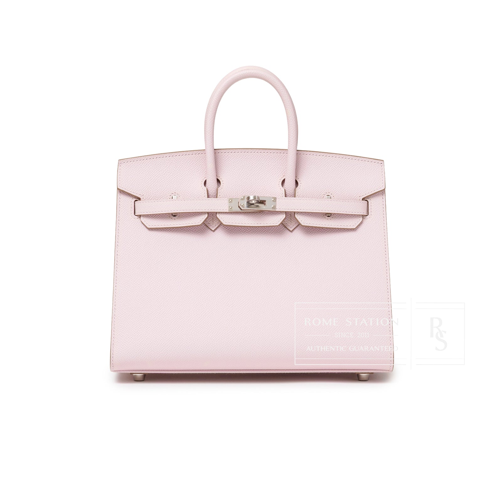 Front view of Hermès Birkin Sellier 25 Mauve Pale Epsom Palladium Hardware showing smooth leather and palladium clasp detail