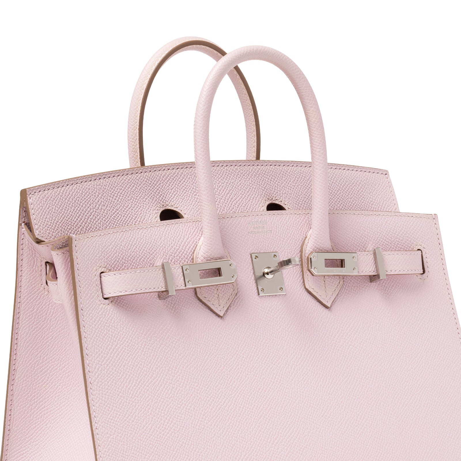 Close-up of top front showing smooth textured leather and palladium lock on Hermès Birkin Sellier 25 Mauve Pale Epsom Palladium Hardware