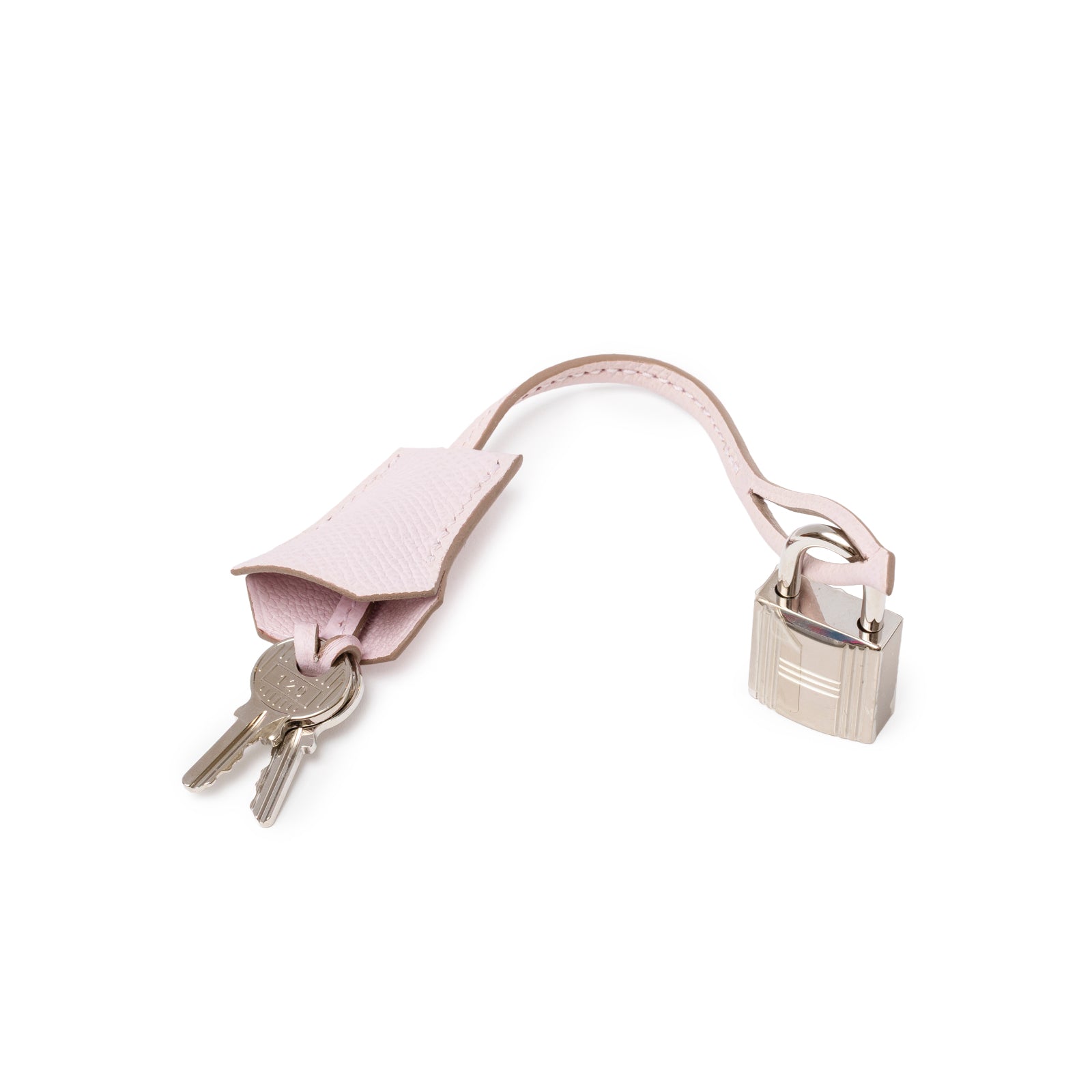 Close-up of leather clochette with keys and palladium padlock for Hermès Birkin Sellier 25 Mauve Pale Epsom Palladium Hardware