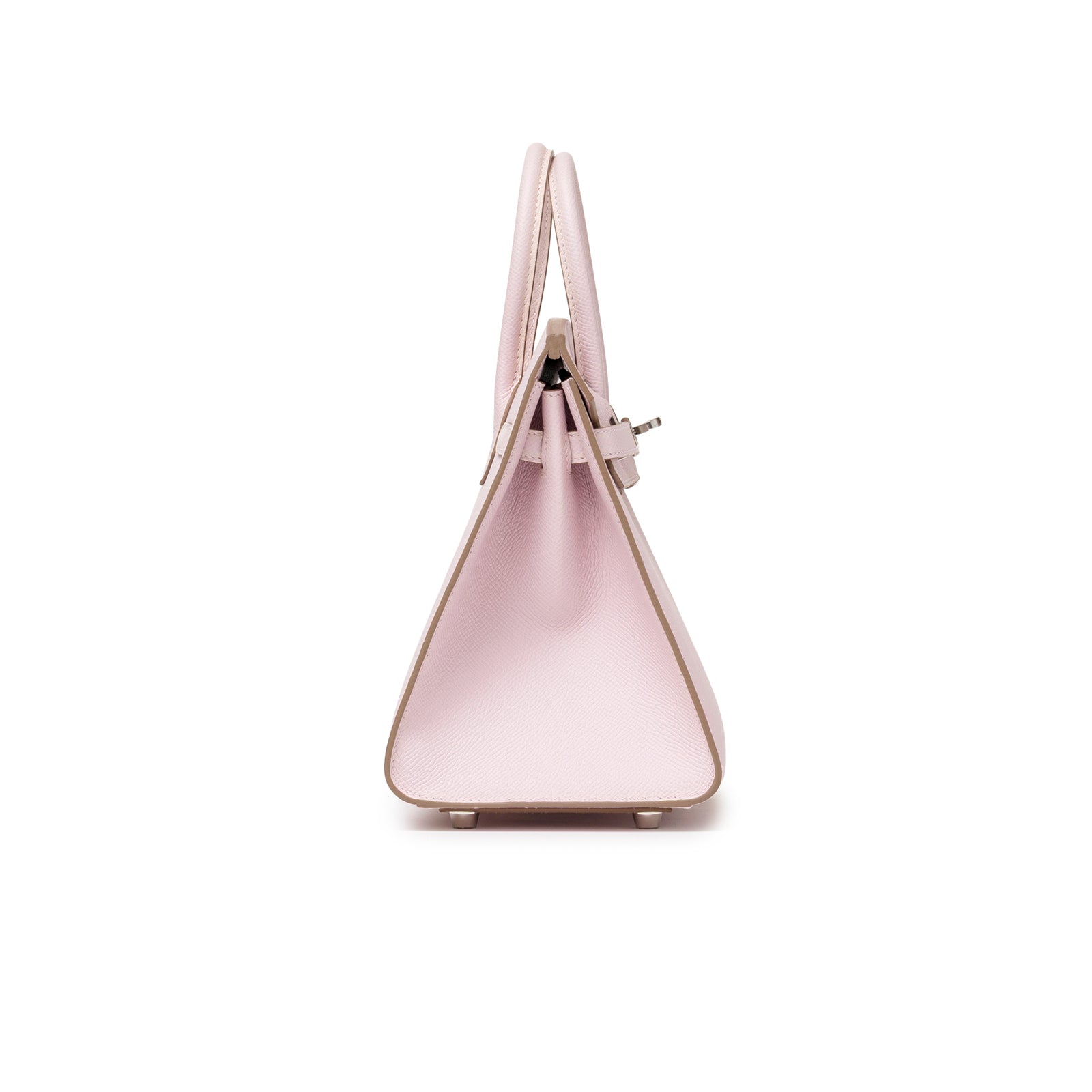 Side view of Hermès Birkin Sellier 25 Mauve Pale Epsom Palladium Hardware showing smooth leather and structured shape