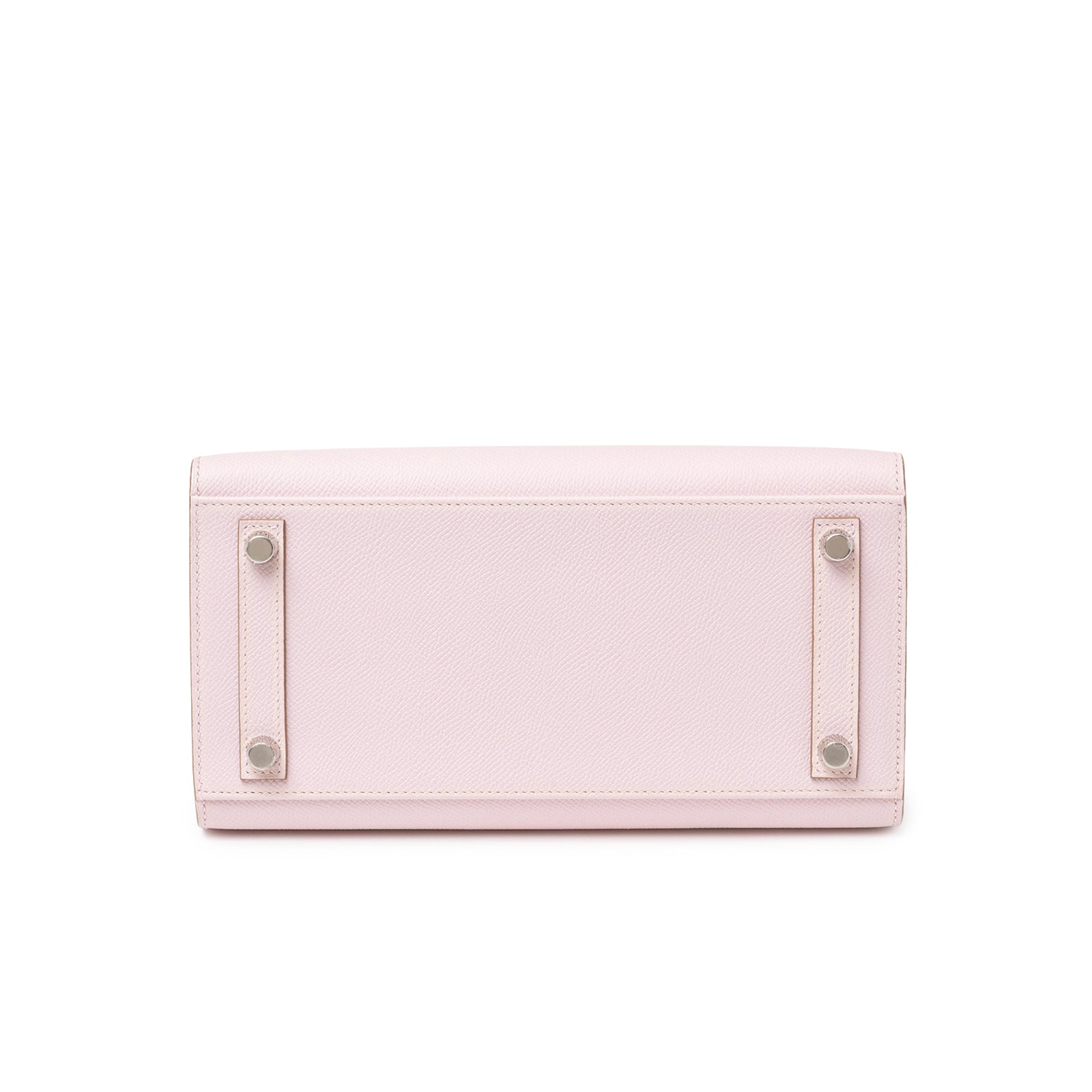 Bottom view of Hermès Birkin Sellier 25 Mauve Pale Epsom Palladium Hardware with smooth leather and metal feet details