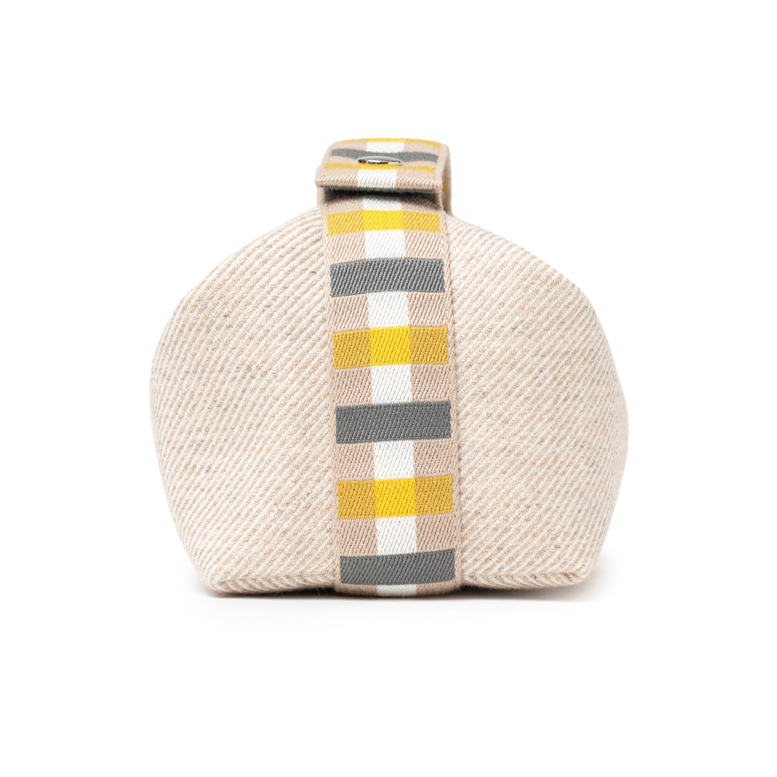 Side view of Hermès Bride-a-Brac au Carre Case Small Model Seigle in beige fabric with patterned strap detail