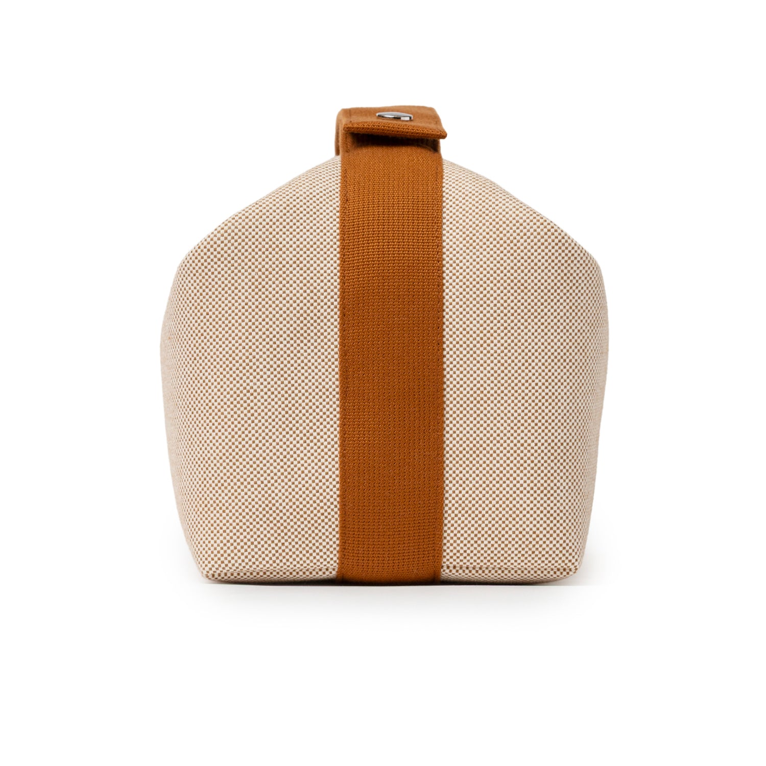 Side angled view of Hermès Bride-A-Brac Cabriole Case GM Toile Biscuit in beige and brown fabric