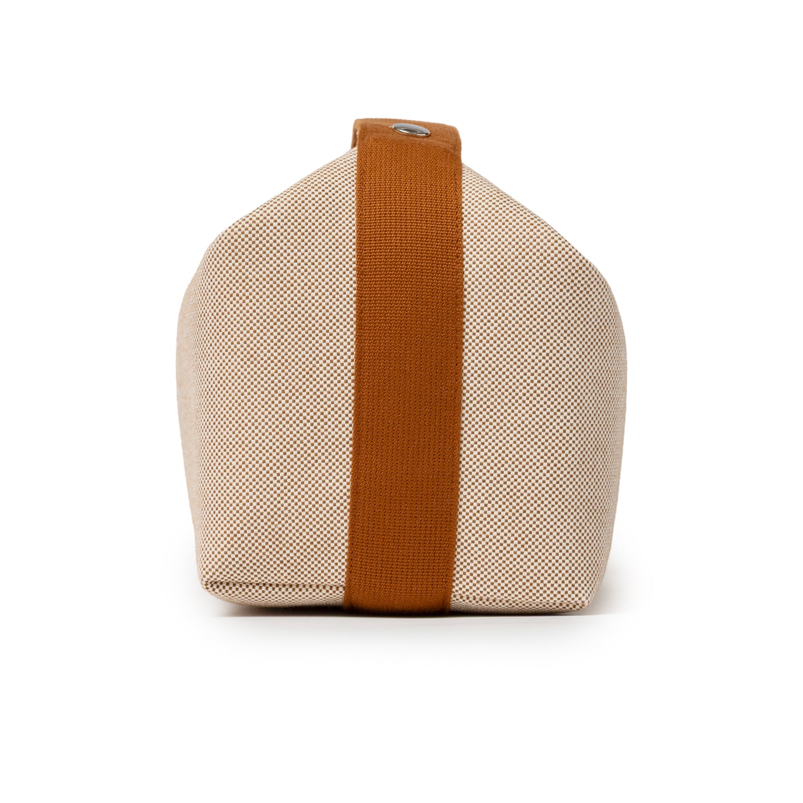 Side view of Hermès Bride-A-Brac Cabriole Case GM Toile Biscuit in beige canvas with brown strap detail