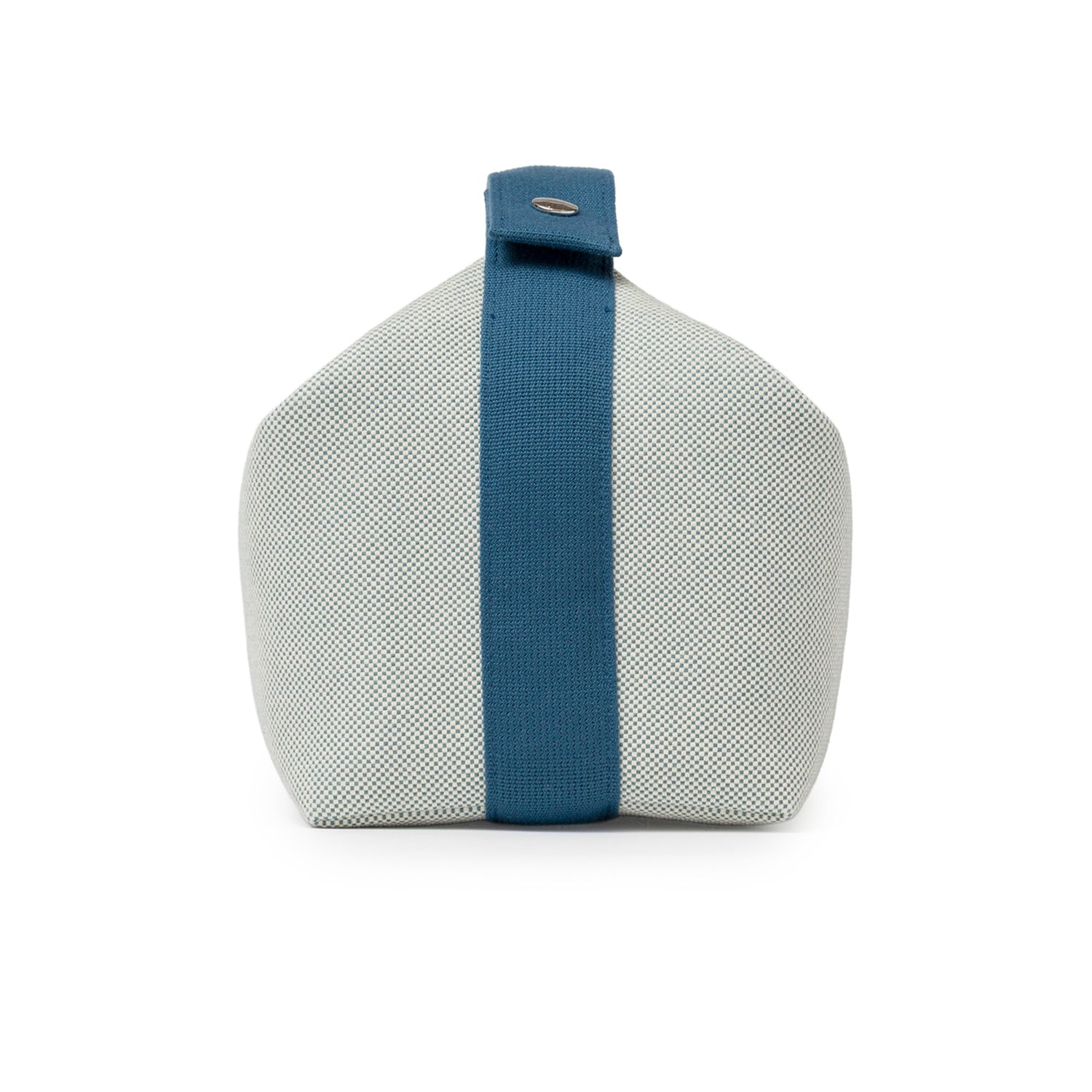 Side view of Hermès Bride-A-Brac Cabriole Case GM Toile Blue Nattier showing fabric texture and blue strap closure