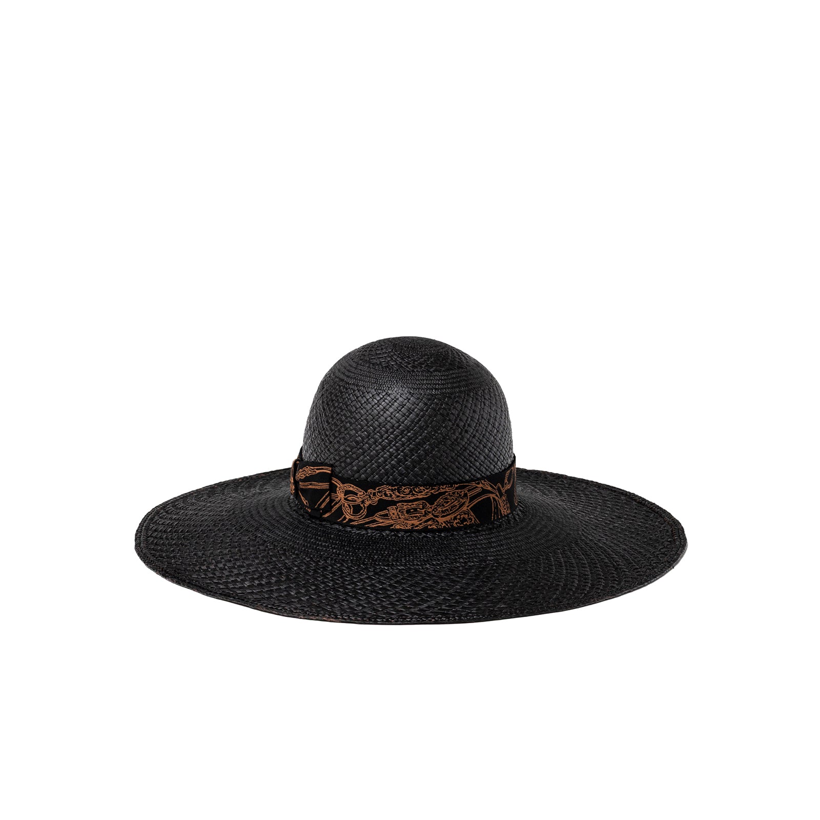Front view of Hermès Bride De Gala Straw Hat Black and Terracotta with wide brim and patterned band detail