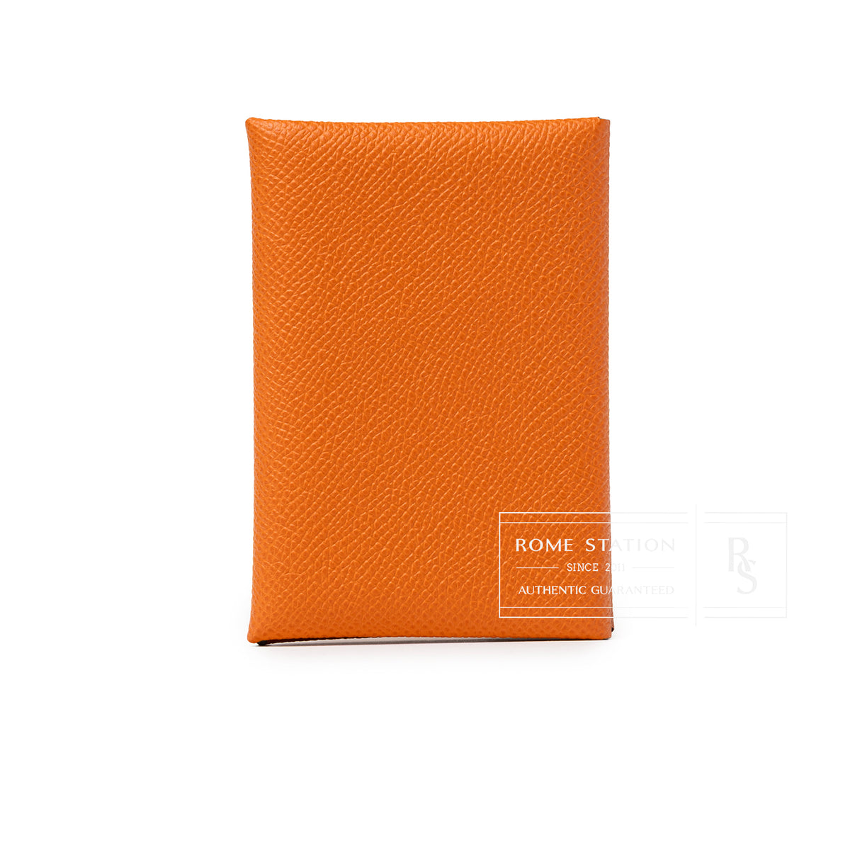Front view of Hermès Calvi Duo Compact Verso Card Holder Orange Lime Epsom Palladium Hardware