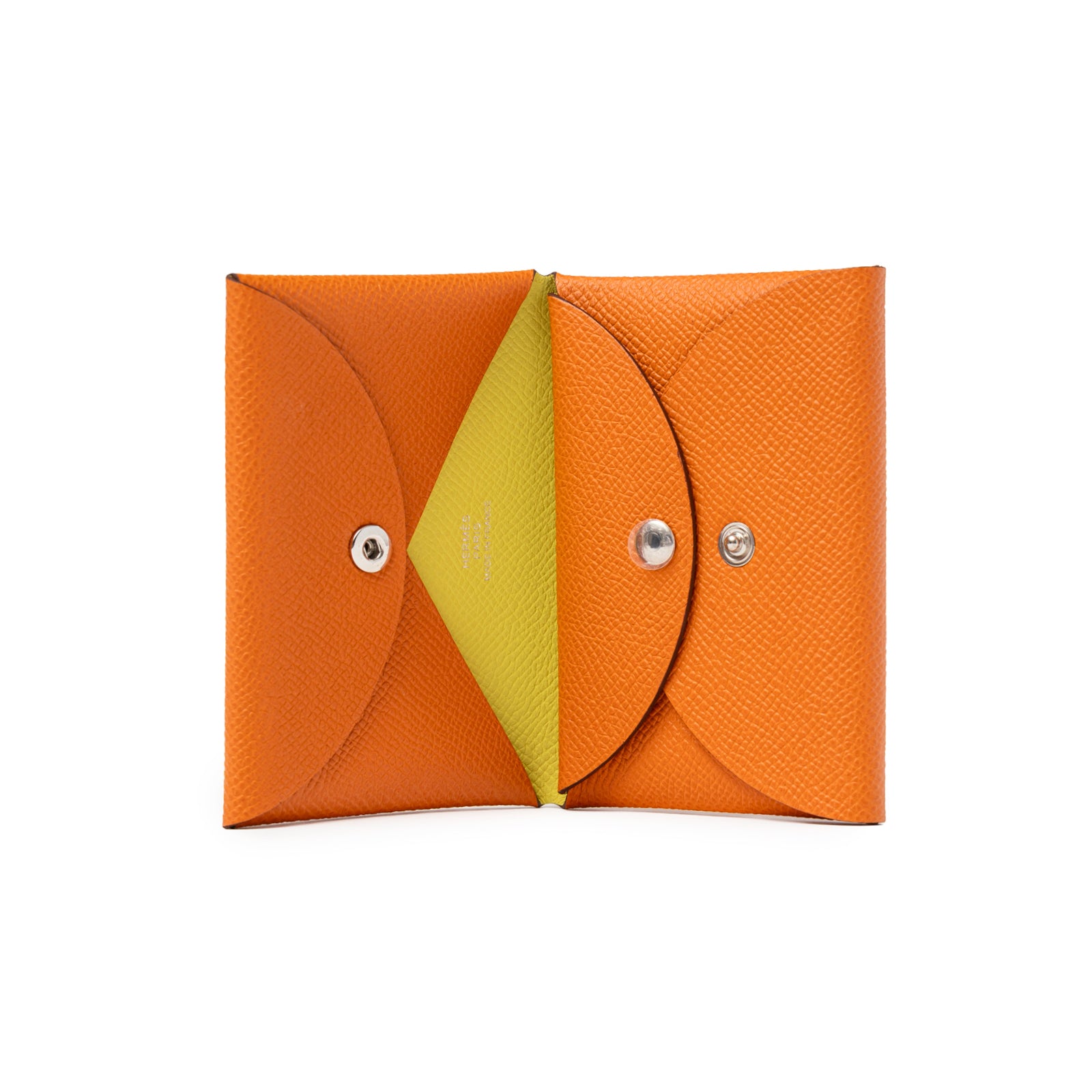 Hermès Calvi Duo Compact Verso Card Holder Orange Lime Epsom Palladium Hardware open view