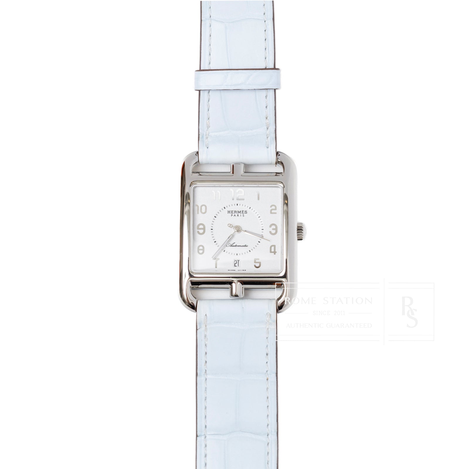Front view of Hermès Cape Cod Automatic Watch Large Model Blue Brume Matte Alligator with silver square case and pale blue strap