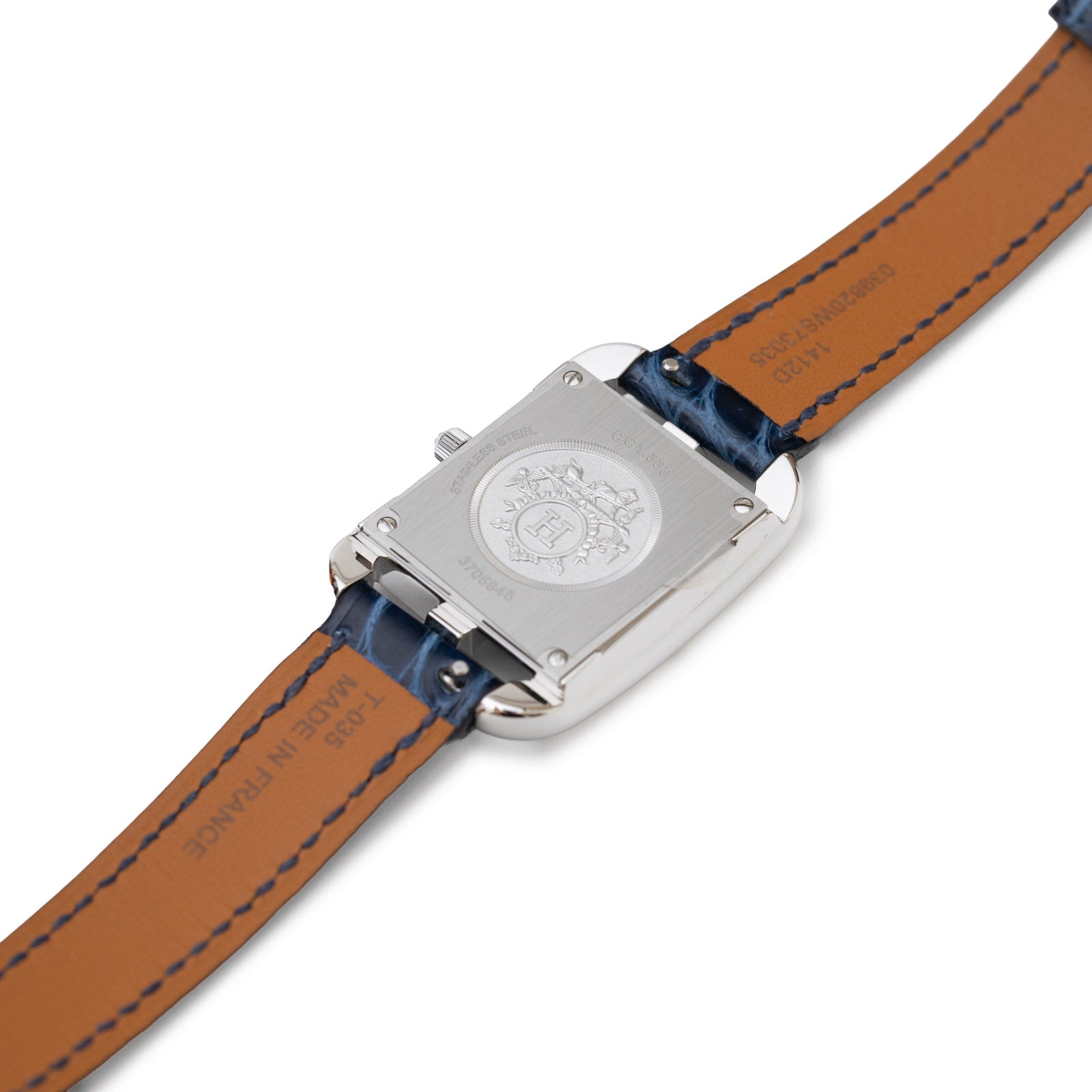Back view of Hermès Cape Cod Diamond Watch Small Model 31mm Steel with shiny alligator blue saphir strap detailing