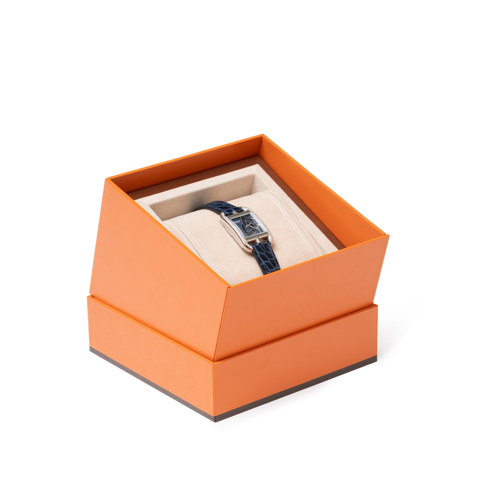 Hermès Cape Cod Diamond Watch Small Model 31mm Steel with shiny alligator blue saphir in open orange box angled view