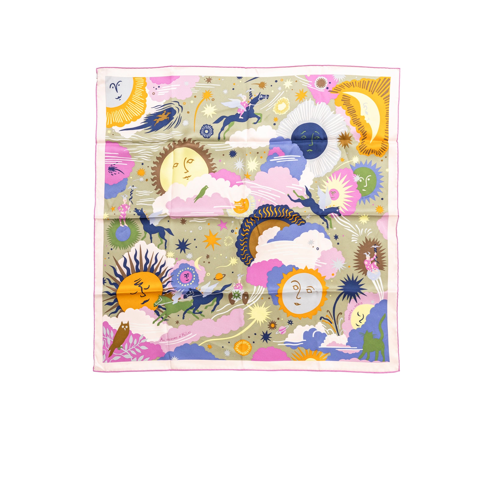 Front view of Hermès Carre 70 Vintage Au Royaume D'Helios Vert Amande Parme silk scarf with celestial motifs