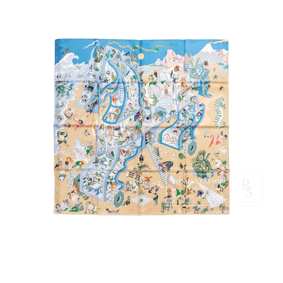 Hermès Carre 90 Academia Hippica Scarf Blue Azur Beige Dore Vert equestrian print