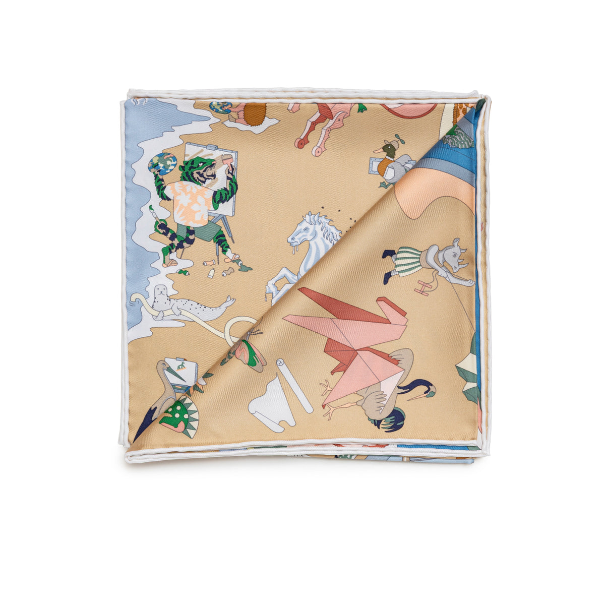 Hermès Carre 90 Academia Hippica Scarf Blue Azur Beige Dore Vert folded with equestrian print