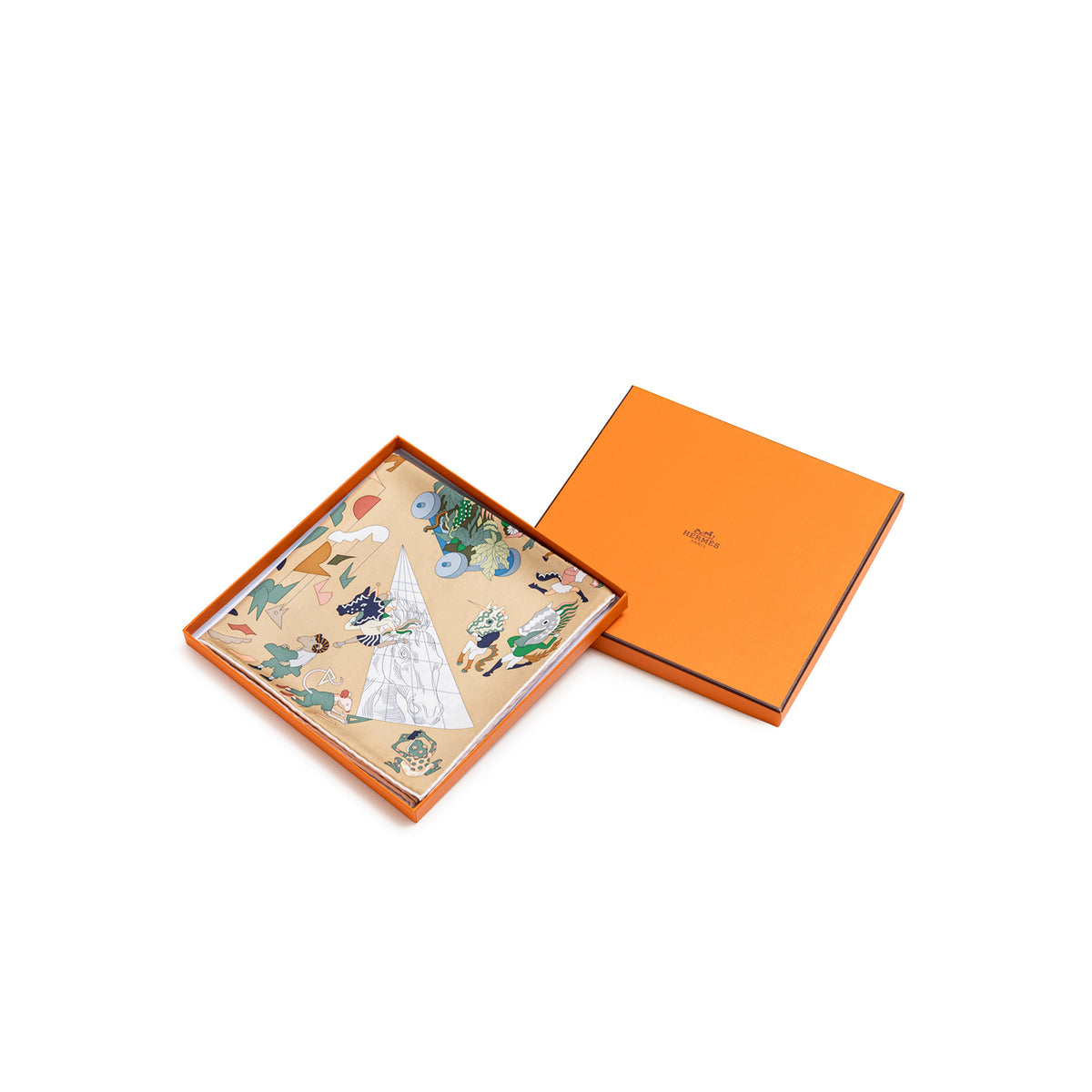 Hermès Carre 90 Academia Hippica Scarf Blue Azur Beige Dore Vert displayed with orange box
