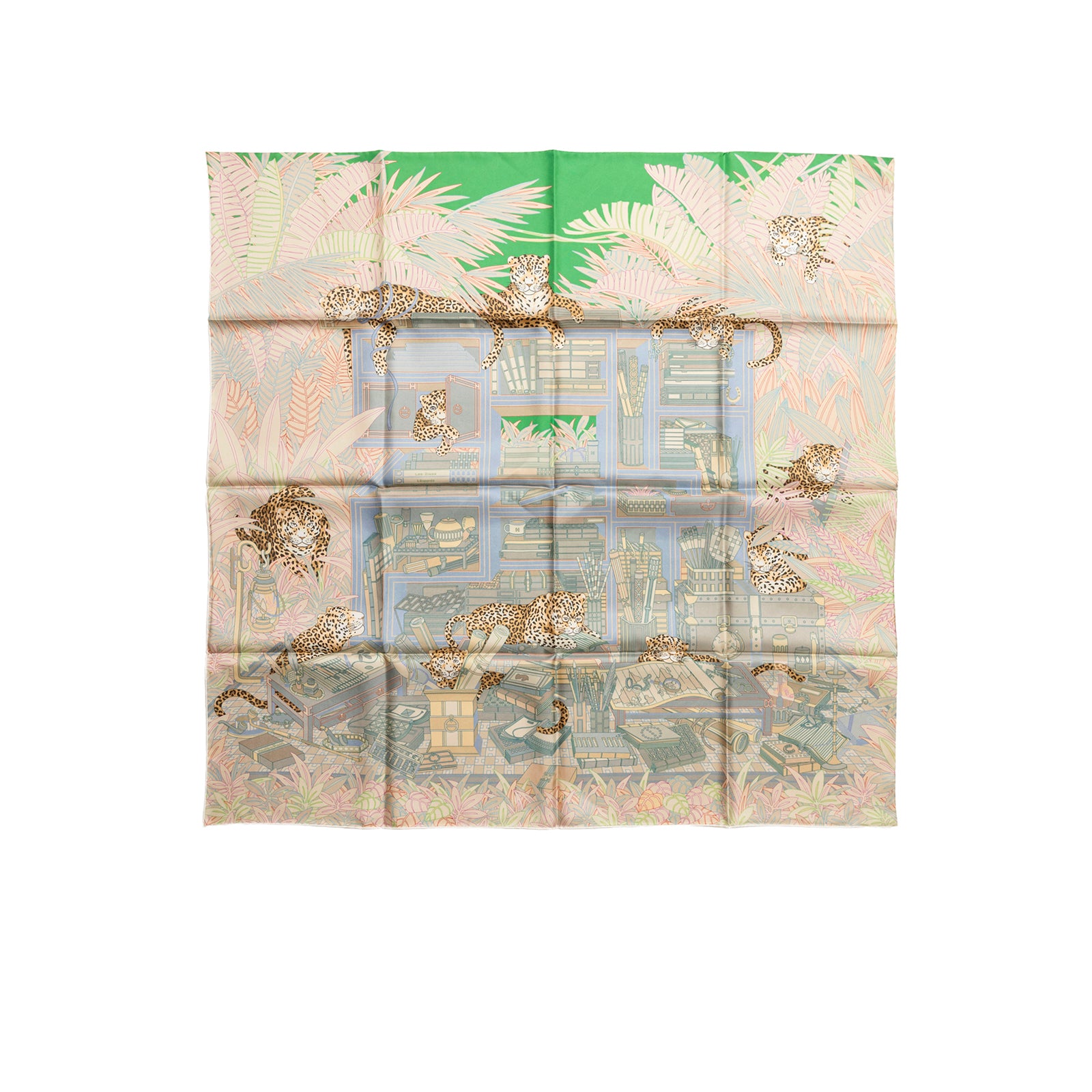 Top-down view of Hermès Carre 90 Double Face Les Douze Leopards Blue Beige Jaune with leopard and foliage design.