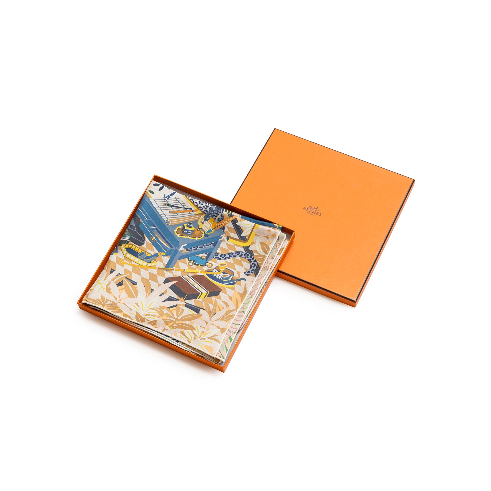 Hermès Carre 90 Double Face Les Douze Leopards Blue Beige Jaune scarf folded inside Hermès orange box