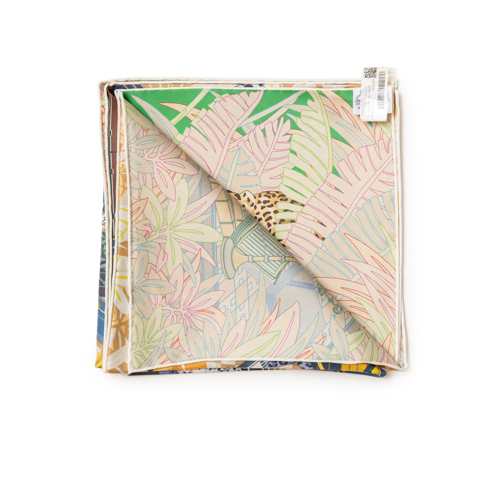 Folded Hermès Carre 90 Double Face Les Douze Leopards Blue Beige Jaune showing detailed colorful leaf and leopard design