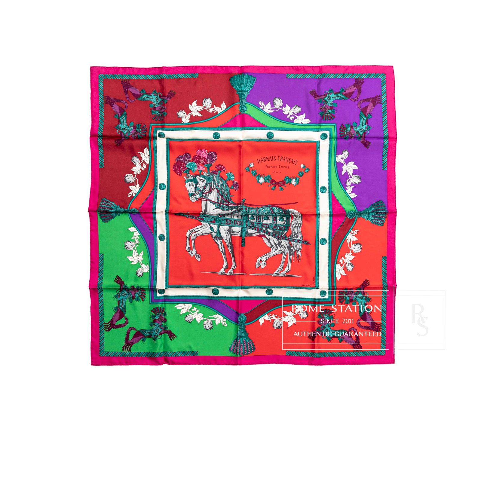 Front view of Hermès Carre 90 Harnais Francais Silk Scarf Rouge Vert Multi color