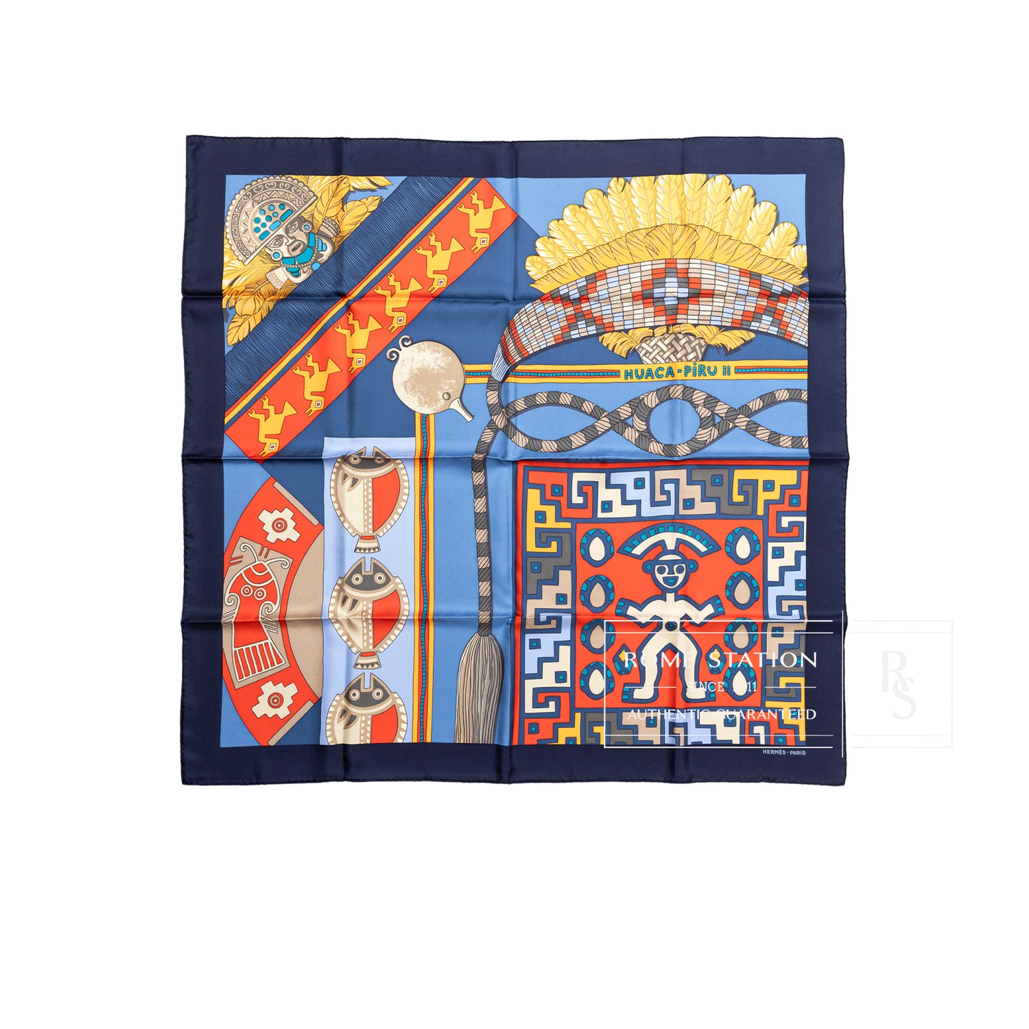 Front view of Hermès Carre 90 Huaca Piru 2 Silk Scarf Blue Marine Orange Rouge 