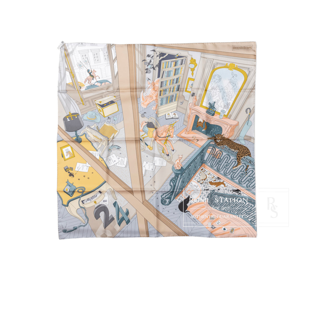 Hermès Carre 90 Mystere Au 24 Faubourg Silk Scarf Mastic Rose Poudre Gris Blue illustrated design