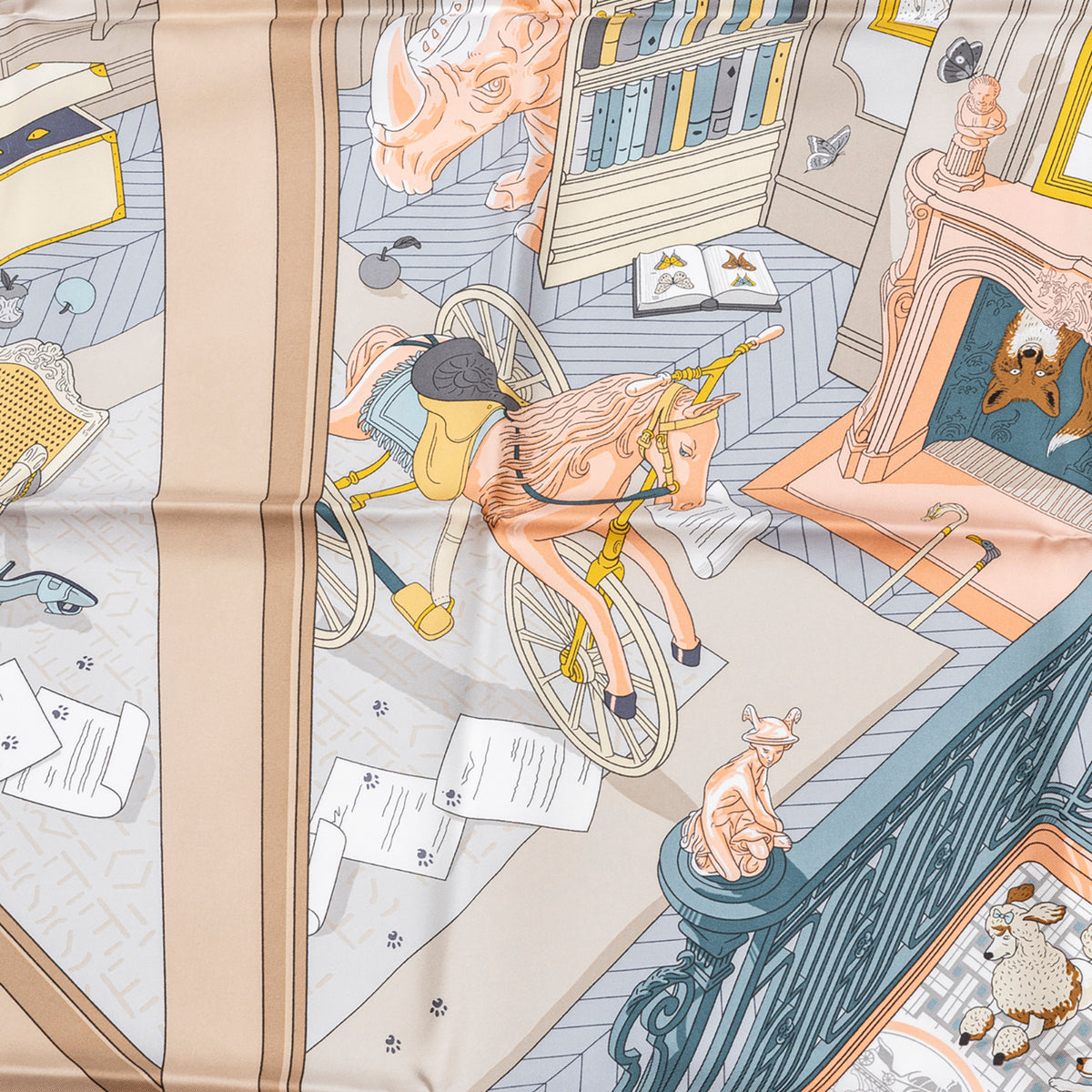 Hermès Carre 90 Mystere Au 24 Faubourg Silk Scarf Mastic Rose Poudre Gris Blue illustrated room scene