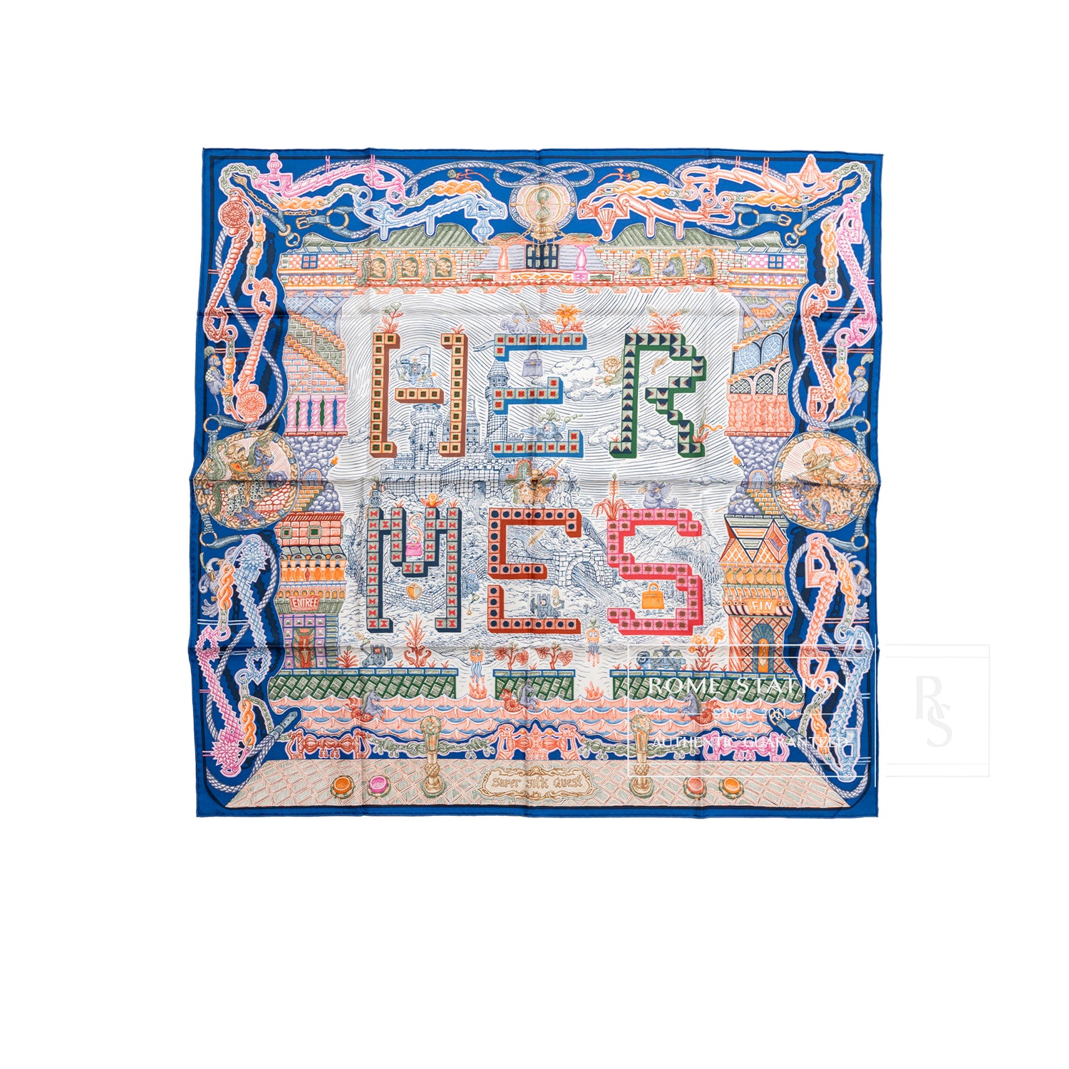 Top-down view of Hermès Carre 90 Super Silk Quest Blue Roy Rose Multicolor with intricate patterns and bold lettering