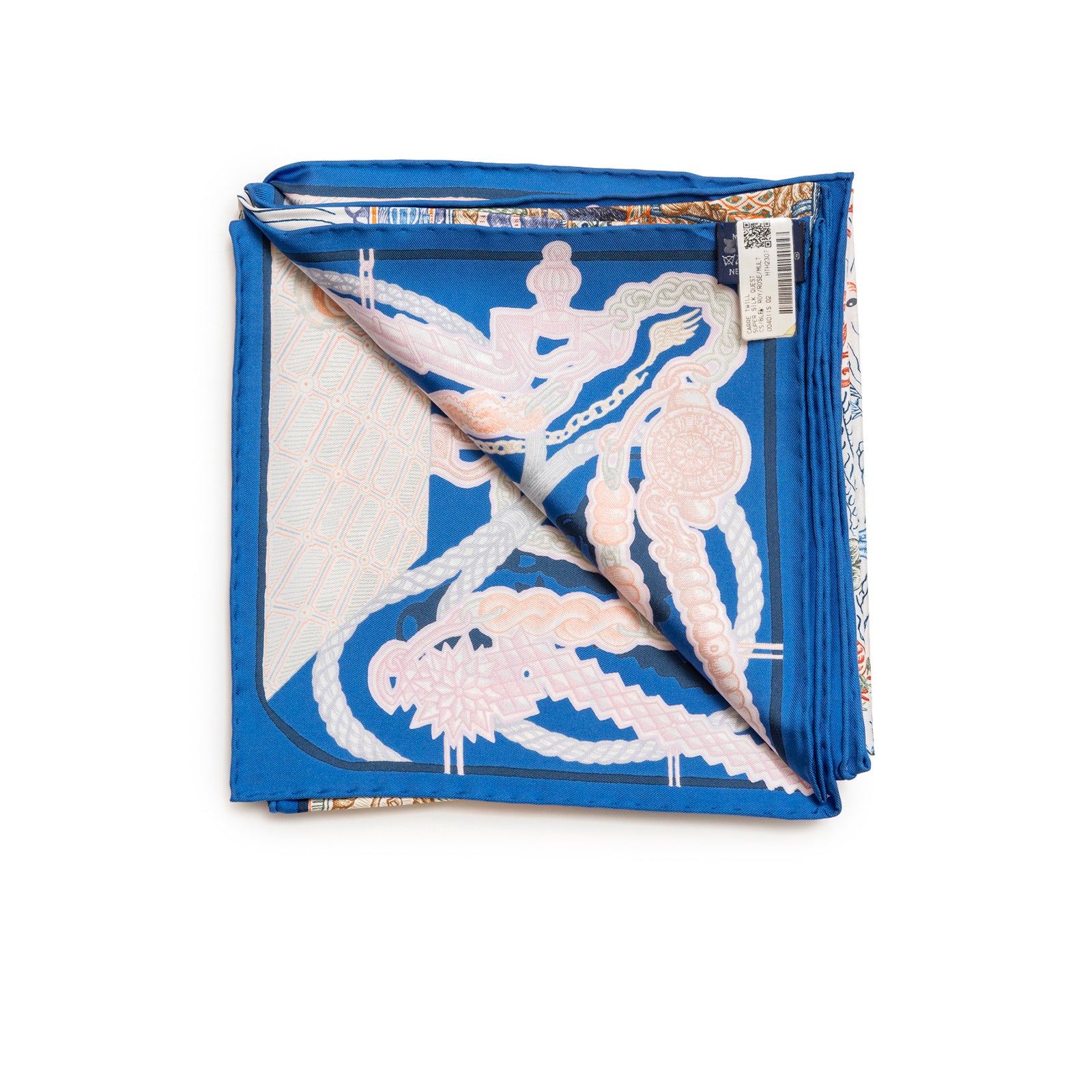 Folded Hermès Carre 90 Super Silk Quest Blue Roy Rose Multicolor scarf showing detailed pink and blue patterns with tag visible