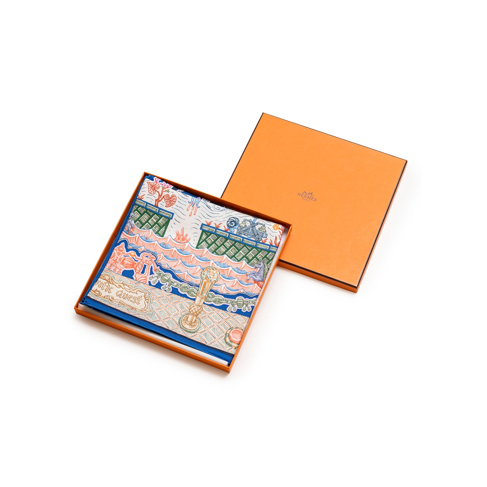 Hermès Carre 90 Super Silk Quest Blue Roy Rose Multicolor | Rome