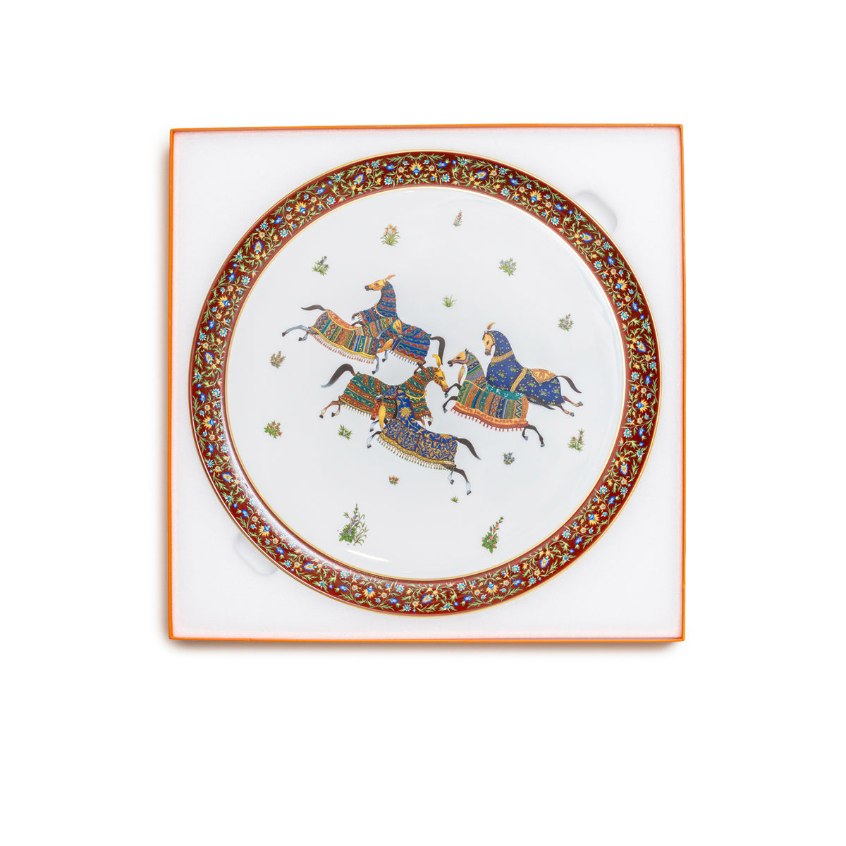 Hermès Cheval d'Orient round platter n°1 Large Model featuring colorful horsemen and ornate border