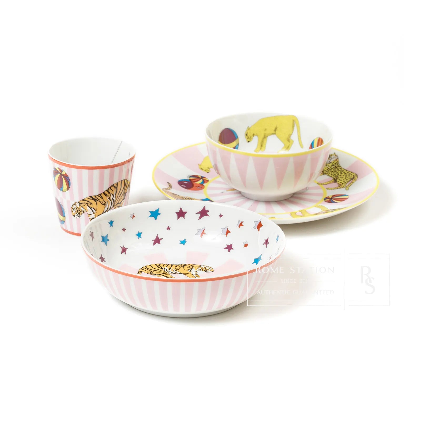 Hermes Circus set of 4; 1 Plate/2 Bowl/1 Cup Pink Tableware Set