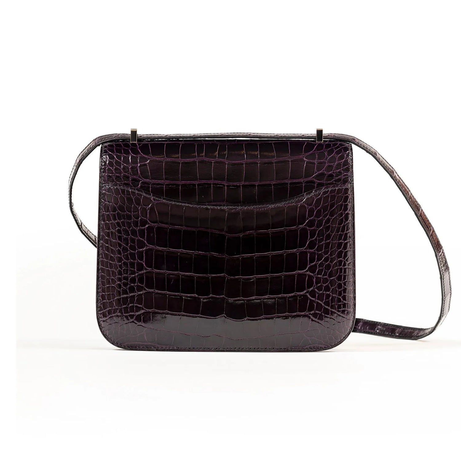 Hermès Mini Constance 18 Aubergine Purple Shiny Alligator Palladium Hardware