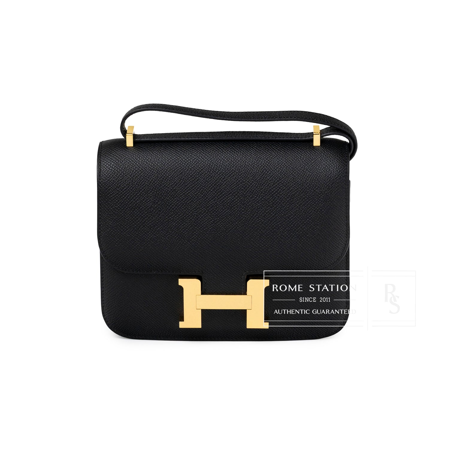 Front view of Hermès Constance 18 Black Epsom Gold Hardware with smooth textured leather and signature gold clasp