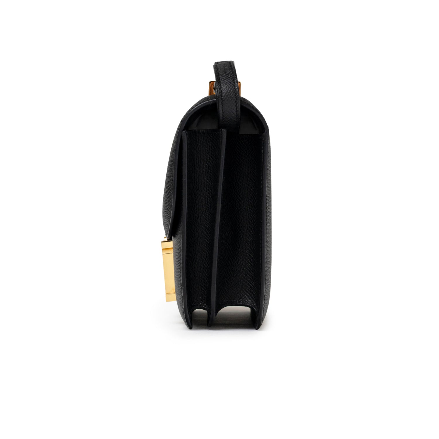 Side view of Hermès Constance 18 Black Epsom Gold Hardware showing structured compartments and strap attachment