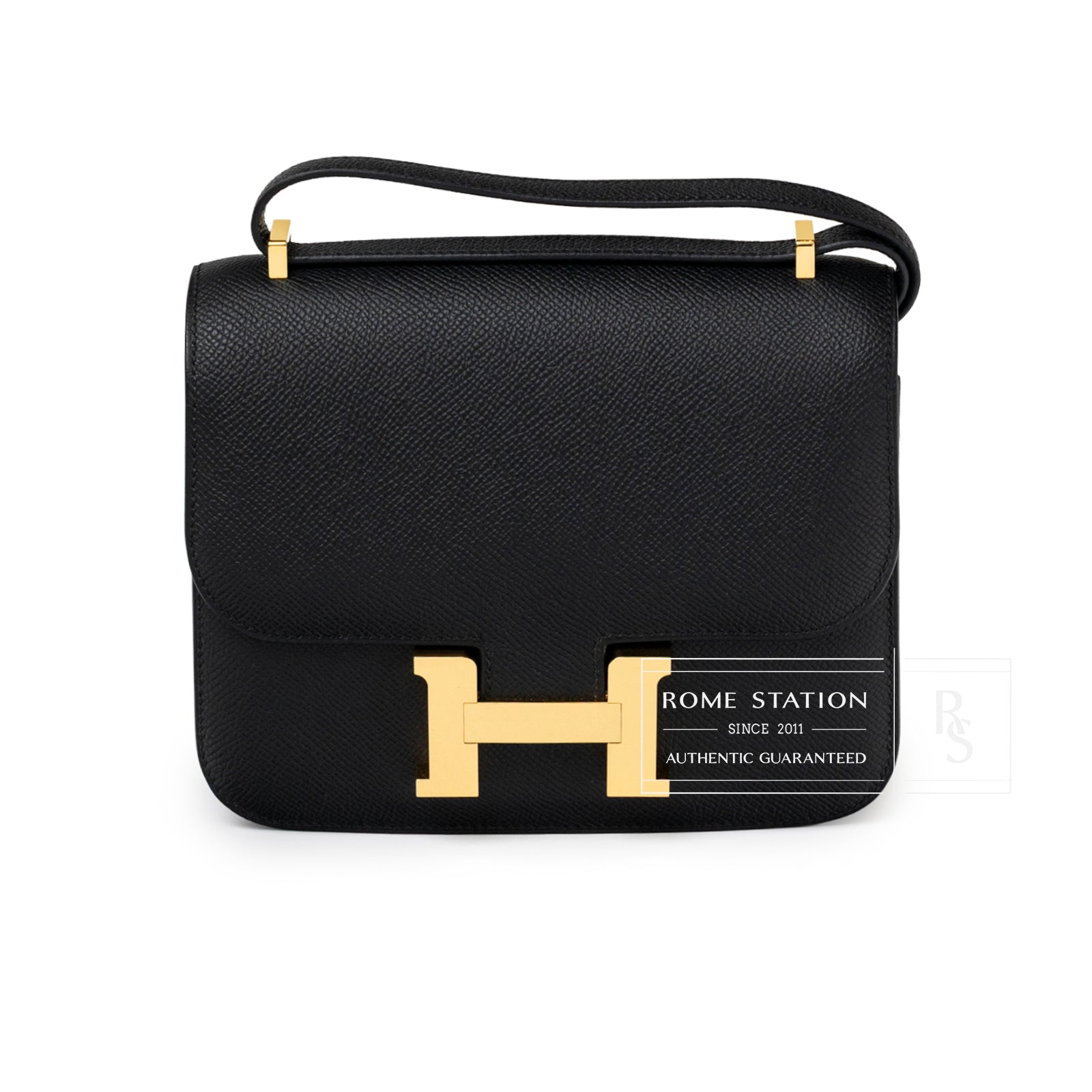 Front view of Hermès Constance 18 Black Epsom Gold Hardware bag with signature gold clasp and top handle