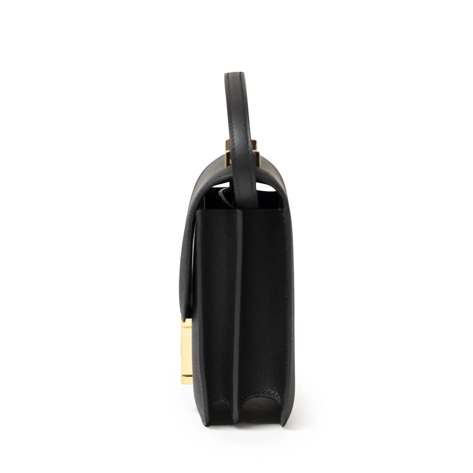 Side view of Hermès Mini Constance 18 Black Epsom Gold Hardware showing slim profile and strap detail