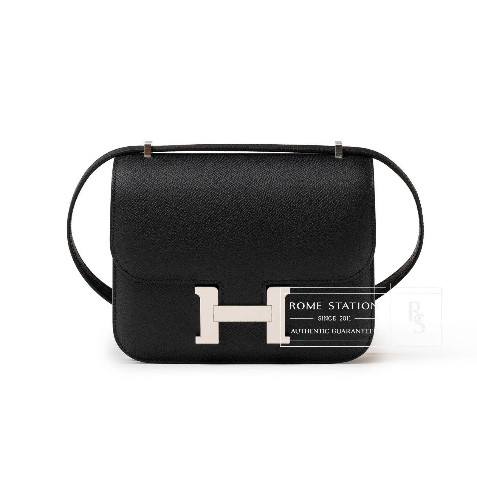 Front view of Hermès Constance 18 Black Epsom Palladium Hardware bag showing smooth leather and silver clasp detail